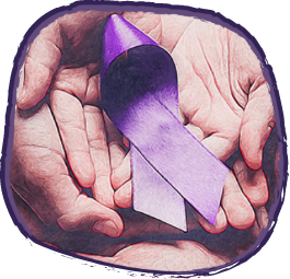 Hands holding a purple crossed ribbon